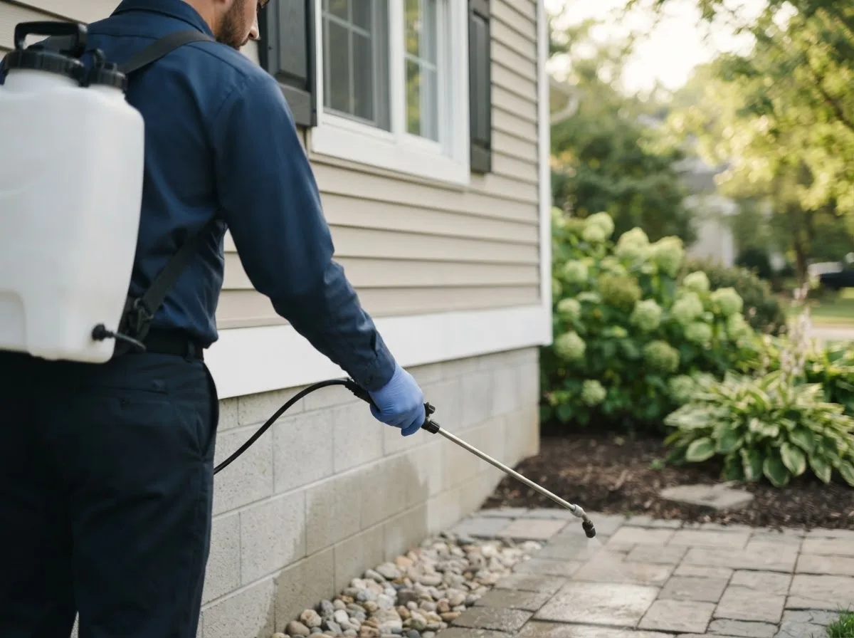 Pest control technician inspecting a home in Wenona, IL